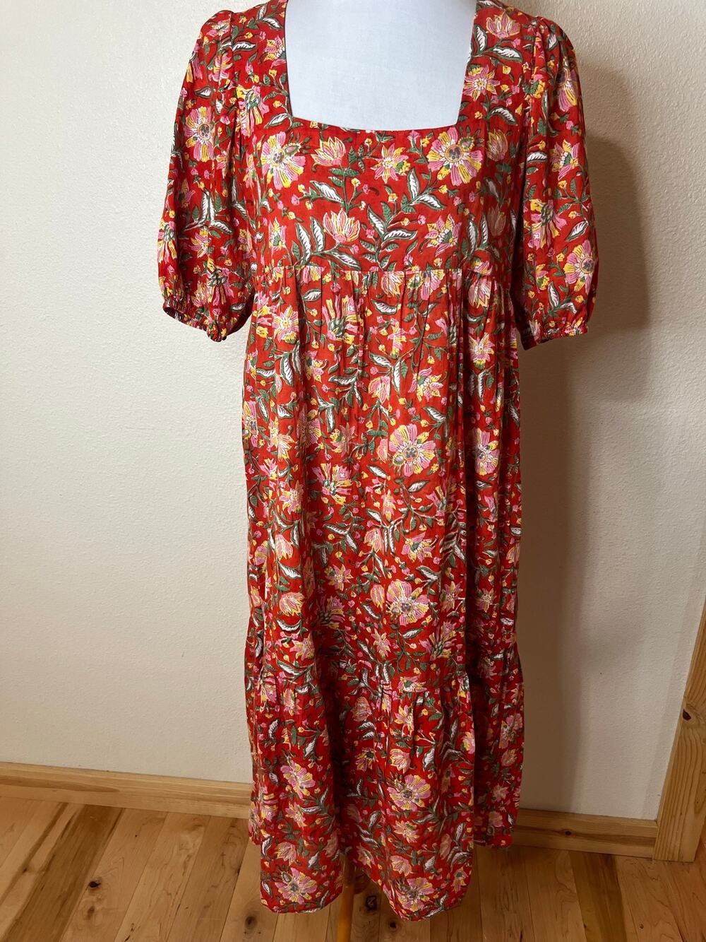 Rachel Pally Mae Orange Poppy Red Floral Cotton Midi Dress WOMENS SMALL